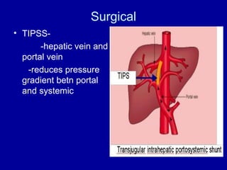 Surgical
• TIPSS-hepatic vein and
portal vein
-reduces pressure
gradient betn portal
and systemic

 