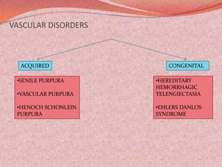 VASCULAR DISORDERS
ACQUIRED CONGENITAL
•SENILE PURPURA
•VASCULAR PURPURA
•HENOCH SCHONLEIN
PURPURA
•HEREDITARY
HEMORRHAGIC
TELENGIECTASIA
•EHLERS DANLOS
SYNDROME
 