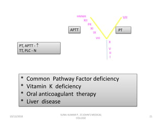 PT
TT
APTT
PT, APTT - 
TT, PLC - N
HMWK
XII
PK
XI
IX
VIII
VII
X
V
II
I
* Common Pathway Factor deficiency
* Vitamin K deficiency
* Oral anticoagulant therapy
* Liver disease
10/13/2018 21
SUNIL KUMAR P , ST.JOHN'S MEDICAL
COLLEGE
 