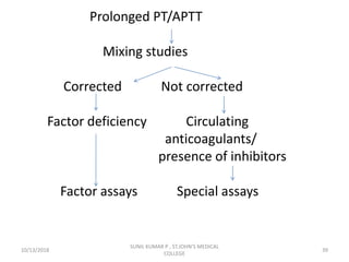Prolonged PT/APTT
Mixing studies
Corrected Not corrected
Factor deficiency Circulating
anticoagulants/
presence of inhibitors
Factor assays Special assays
10/13/2018 39
SUNIL KUMAR P , ST.JOHN'S MEDICAL
COLLEGE
 