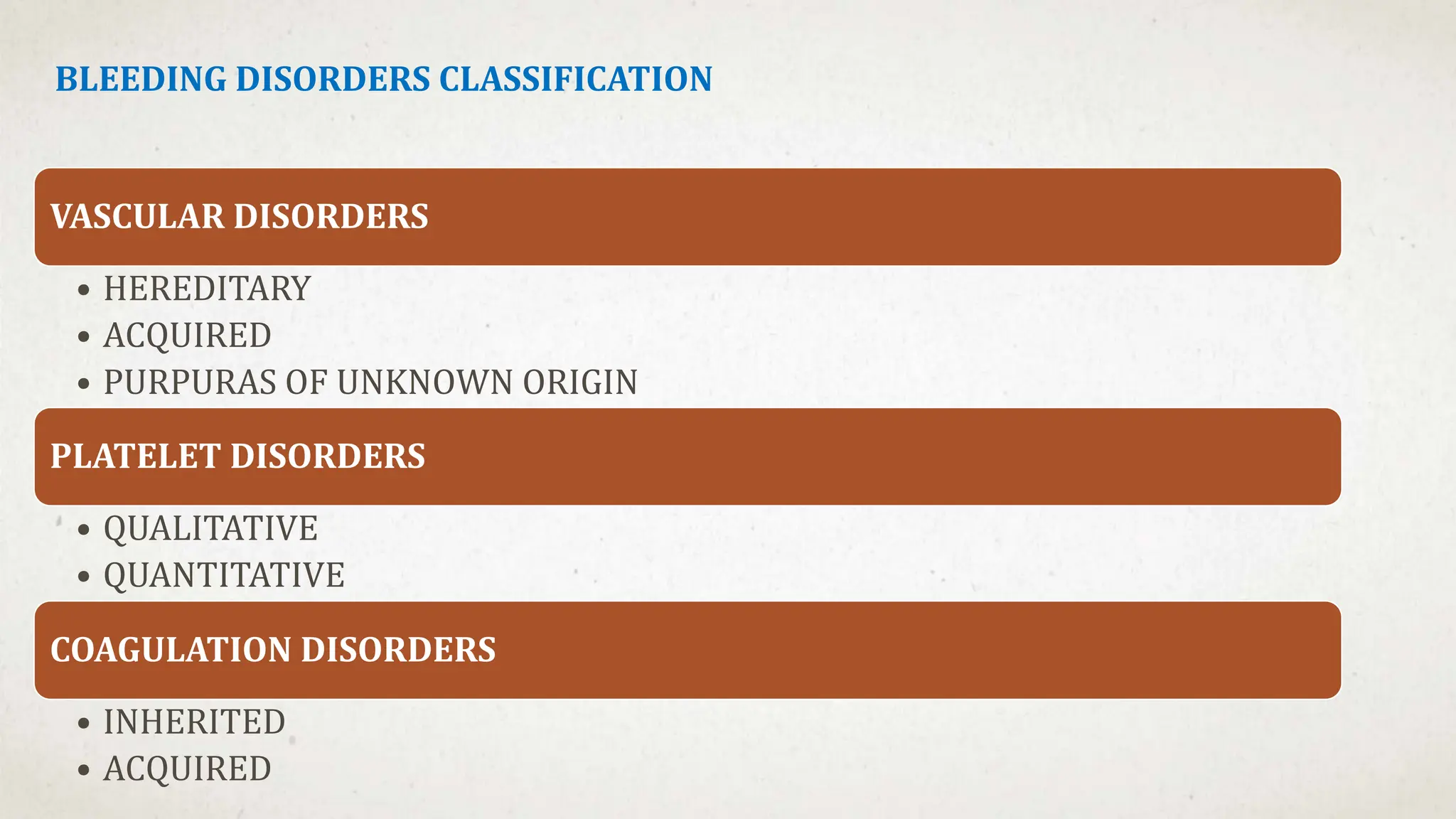 VASCULAR DISORDERS
• HEREDITARY
• ACQUIRED
• PURPURAS OF UNKNOWN ORIGIN
PLATELET DISORDERS
• QUALITATIVE
• QUANTITATIVE
COAGULATION DISORDERS
• INHERITED
• ACQUIRED
BLEEDING DISORDERS CLASSIFICATION
 