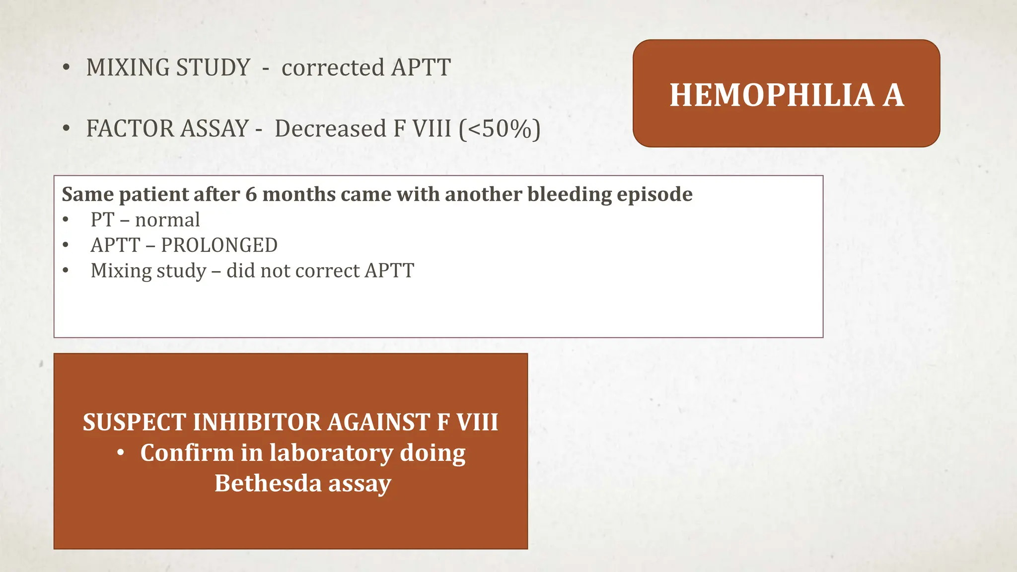 • MIXING STUDY - corrected APTT
• FACTOR ASSAY - Decreased F VIII (<50%)
HEMOPHILIA A
Same patient after 6 months came with another bleeding episode
• PT – normal
• APTT – PROLONGED
• Mixing study – did not correct APTT
SUSPECT INHIBITOR AGAINST F VIII
• Confirm in laboratory doing
Bethesda assay
 