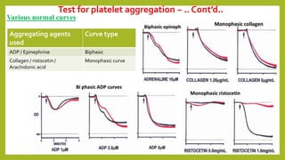 Test for platelet aggregation ~ .. Cont’d..
Various normal curves
Aggregating agents
used
Curve type
ADP / Epinephrine Biphasic
Collagen / ristocetin /
Arachidonic acid
Monophasic curve
 