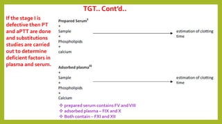 If the stage I is
defective then PT
and aPTT are done
and substitutions
studies are carried
out to determine
deficient factors in
plasma and serum.
TGT.. Cont’d..
 prepared serum contains FV andVIII
 adsorbed plasma – FIX and X
 Both contain – FXI and XII
 