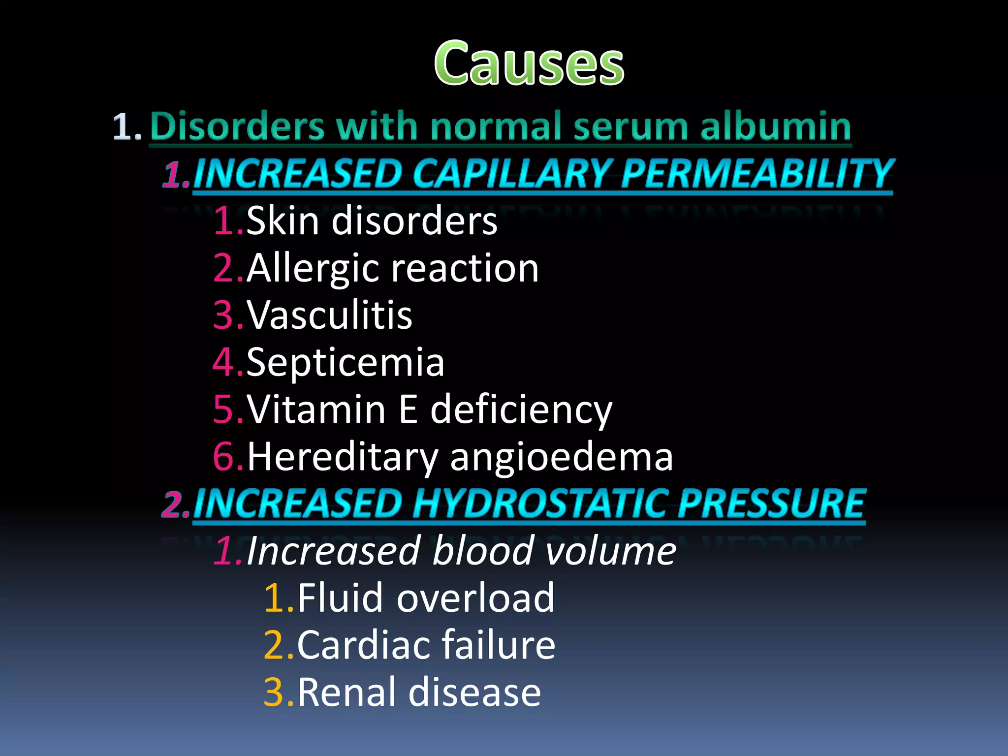 1.
1.Skin disorders
2.Allergic reaction
3.Vasculitis
4.Septicemia
5.Vitamin E deficiency
6.Hereditary angioedema
1.Increased blood volume
1.Fluid overload
2.Cardiac failure
3.Renal disease
 