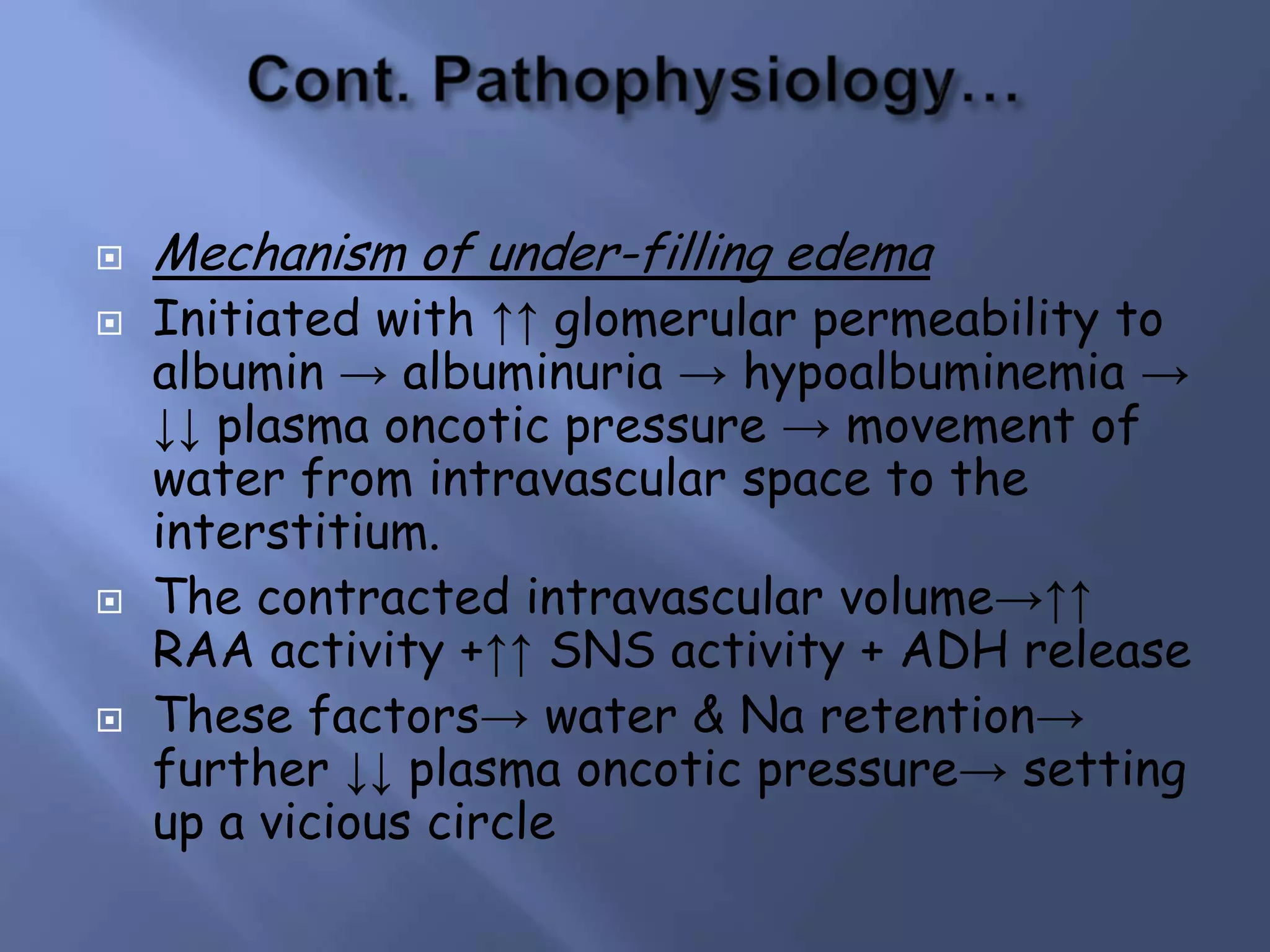 






Mechanism of under-filling edema

Initiated with ↑↑ glomerular permeability to
albumin → albuminuria → hypoalbuminemia →
↓↓ plasma oncotic pressure → movement of
water from intravascular space to the
interstitium.
The contracted intravascular volume→↑↑
RAA activity +↑↑ SNS activity + ADH release
These factors→ water & Na retention→
further ↓↓ plasma oncotic pressure→ setting
up a vicious circle

 