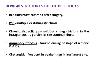 BENIGN STRICTURES OF THE BILE DUCTS
• In adults most common after surgery.

• PSC -multiple or diffuse strictures.
• Chronic alcoholic pancreatitis- a long stricture in the
intrapancreatic portion of the common duct.
• Ampullary stenosis - trauma during passage of a stone
& AIDS.

• Cholangitis - frequent in benign than in malignant one.

 