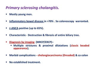 Primary sclerosing cholangitis.
 Mostly young men.
 Inflammatory bowel disease in >70% . So colonoscopy warranted.
 P-ANCA positive (up to 65%).
 Characteristic- Destruction & fibrosis of entire biliary tree.
 Diagnosis by imaging (MRCP/ERCP)–
 Multiple strictures & proximal dilatations (classic beaded
appearance).
 Morbid complications - cholangiocarcinoma (Dreaded) & ca colon
 No established treatment.

 