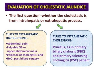 EVALUATION OF CHOLESTATIC JAUNDICE
• The first question -whether the cholestasis is
from intrahepatic or extrahepatic process.
CLUES TO EXTRAHEPATIC
OBSTRUCTIONS –
•Abdominal pain,
•Palpable GB or
upper abdominal mass,
•Evidence of cholangitis, and
•H/O- past biliary surgery.

CLUES TO INTRAHEPATIC
CHOLESTASIS-

Pruritus, as in primary
biliary cirrhosis (PBC)
and primary sclerosing
cholangitis (PSC) patient

 