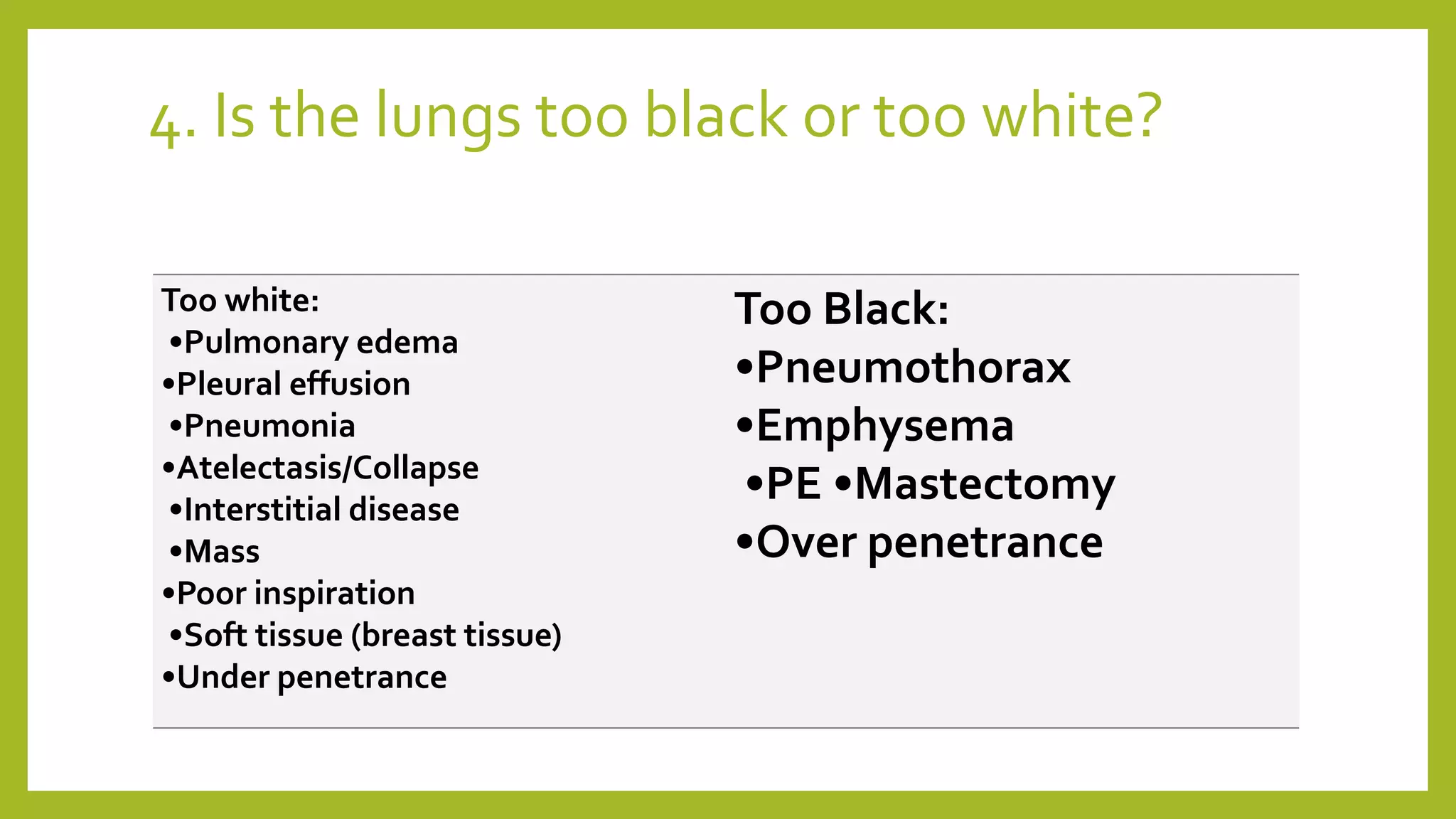4. Is the lungs too black or too white?
Too white:
•Pulmonary edema
•Pleural effusion
•Pneumonia
•Atelectasis/Collapse
•Interstitial disease
•Mass
•Poor inspiration
•Soft tissue (breast tissue)
•Under penetrance
Too Black:
•Pneumothorax
•Emphysema
•PE •Mastectomy
•Over penetrance
 