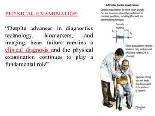 PHYSICAL EXAMINATION
“Despite advances in diagnostics
technology, biomarkers, and
imaging, heart failure remains a
clinical diagnosis and the physical
examination continues to play a
fundamental role”
 