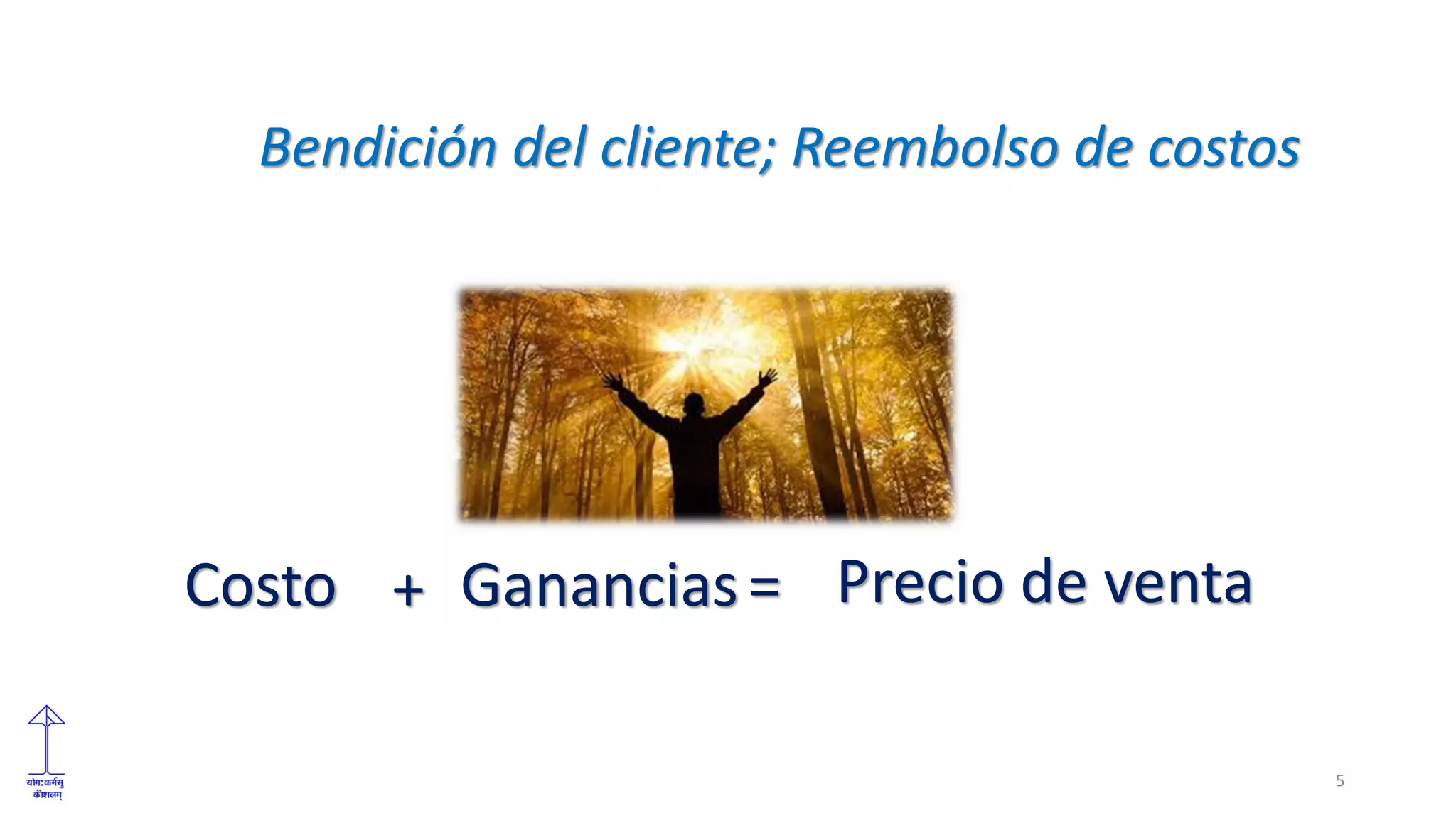 Costo + Ganancias=
Bendición del cliente; Reembolso de costos
Precio de venta
5
 