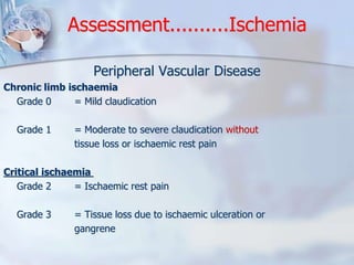 Assessment..........Ischemia 
Peripheral Vascular Disease 
Chronic limb ischaemia 
Grade 0 = Mild claudication 
Grade 1 = ...