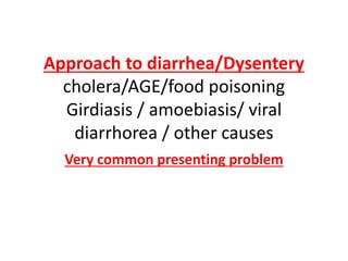 Approach to diarrhea/Dysentery
cholera/AGE/food poisoning
Girdiasis / amoebiasis/ viral
diarrhorea / other causes
Very common presenting problem
 