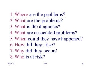 02/25/15 Sid 10
1.Where are the problems?
2.What are the problems?
3.What is the diagnosis?
4.What are associated problems?
5.When could they have happened?
6.How did they arise?
7.Why did they occur?
8.Who is at risk?
 