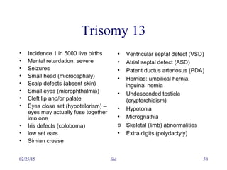 02/25/15 Sid 50
Trisomy 13
• Incidence 1 in 5000 live births
• Mental retardation, severe
• Seizures
• Small head (microcephaly)
• Scalp defects (absent skin)
• Small eyes (microphthalmia)
• Cleft lip and/or palate
• Eyes close set (hypotelorism) --
eyes may actually fuse together
into one
• Iris defects (coloboma)
• low set ears
• Simian crease
• Ventricular septal defect (VSD)
• Atrial septal defect (ASD)
• Patent ductus arteriosus (PDA)
• Hernias: umbilical hernia,
inguinal hernia
• Undescended testicle
(cryptorchidism)
• Hypotonia
• Micrognathia
o Skeletal (limb) abnormalities
• Extra digits (polydactyly)
 