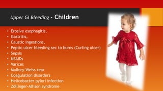 Upper GI Bleeding - Children
• Erosive esophagitis,
• Gastritis,
• Caustic ingestions,
• Peptic ulcer bleeding sec to burns (Curling ulcer)
• Sepsis
• NSAIDs
• Varices
• Mallory-Weiss tear
• Coagulation disorders
• Helicobacter pylori infection
• Zollinger-Allison syndrome
 