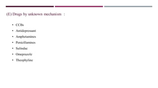 (E) Drugs by unknown mechanism :
• CCBs
• Antidepressant
• Amphetamines
• Penicillamines
• Sulindac
• Omeprazole
• Theophyline
 