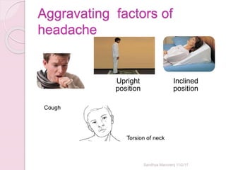 Aggravating factors of
headache
Upright
position
Inclined
position
Sandhya Manorenj 11/2/17
Torsion of neck
Cough
 