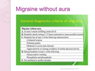 Migraine without aura
Sandhya Manorenj 11/2/17
 