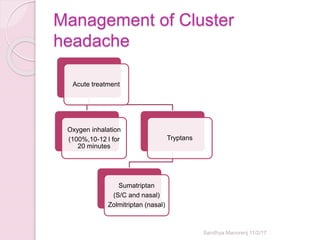 Management of Cluster
headache
Acute treatment
Oxygen inhalation
(100%,10-12 l for
20 minutes
Tryptans
Sumatriptan
(S/C and nasal)
Zolmitriptan (nasal)
Sandhya Manorenj 11/2/17
 