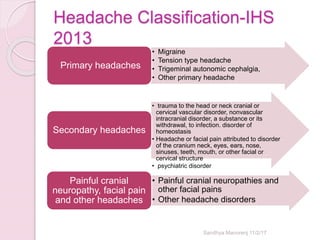 Headache Classification-IHS
2013
• Migraine
• Tension type headache
• Trigeminal autonomic cephalgia,
• Other primary headache
Primary headaches
• trauma to the head or neck cranial or
cervical vascular disorder, nonvascular
intracranial disorder, a substance or its
withdrawal, to infection. disorder of
homeostasis
• Headache or facial pain attributed to disorder
of the cranium neck, eyes, ears, nose,
sinuses, teeth, mouth, or other facial or
cervical structure
• psychiatric disorder
Secondary headaches
• Painful cranial neuropathies and
other facial pains
• Other headache disorders
Painful cranial
neuropathy, facial pain
and other headaches
Sandhya Manorenj 11/2/17
 