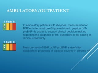 AMBULATORY/OUTPATIENT
In ambulatory patients with dyspnea, measurement of
BNP or N-terminal pro-B-type natriuretic peptide (NT-
proBNP) is useful to support clinical decision making
regarding the diagnosis of HF, especially in the setting of
clinical uncertainty.
Measurement of BNP or NT-proBNP is useful for
establishing prognosis or disease severity in chronic HF.
I IIa IIb III
I IIa IIb III
 