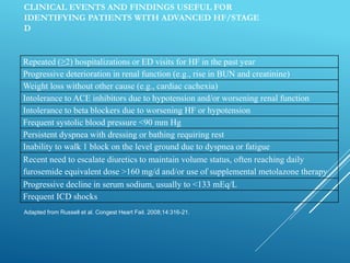 CLINICAL EVENTS AND FINDINGS USEFUL FOR
IDENTIFYING PATIENTS WITH ADVANCED HF/STAGE
D
Repeated (≥2) hospitalizations or ED visits for HF in the past year
Progressive deterioration in renal function (e.g., rise in BUN and creatinine)
Weight loss without other cause (e.g., cardiac cachexia)
Intolerance to ACE inhibitors due to hypotension and/or worsening renal function
Intolerance to beta blockers due to worsening HF or hypotension
Frequent systolic blood pressure <90 mm Hg
Persistent dyspnea with dressing or bathing requiring rest
Inability to walk 1 block on the level ground due to dyspnea or fatigue
Recent need to escalate diuretics to maintain volume status, often reaching daily
furosemide equivalent dose >160 mg/d and/or use of supplemental metolazone therapy
Progressive decline in serum sodium, usually to <133 mEq/L
Frequent ICD shocks
Adapted from Russell et al. Congest Heart Fail. 2008;14:316-21.
 