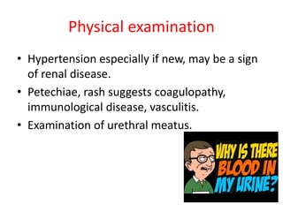 Physical examination
• Hypertension especially if new, may be a sign
of renal disease.
• Petechiae, rash suggests coagulopathy,
immunological disease, vasculitis.
• Examination of urethral meatus.
 