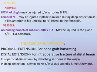 DANGERS:
NERVES:
LFCN. of thigh- may be injured b/w sartorius & TFL.
Femoral N. – may be injured if plane is missed during deep dissection as
it lies anterior to hip , medial to RF, lateral to the femoralA.
VESSELS:
Ascending branch of Lat.Circumflex F.A.- May be injured in the plane
b/t TFL & Sartorius.
ENLARGING THE APPROACH:
PROXIMAL EXTENSION- For bone graft harvesting
DISTAL EXTENSION- For intraoperative fracture of distal femur
In superficial dissection - by detaching sartorius at the origin.
In deep dissection- Stay in plane b/w vastus lateralis & rectus femoris.
UMY
 