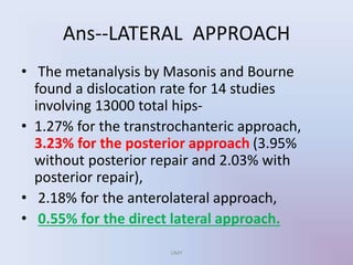 Ans--LATERAL APPROACH
• The metanalysis by Masonis and Bourne
found a dislocation rate for 14 studies
involving 13000 total hips-
• 1.27% for the transtrochanteric approach,
3.23% for the posterior approach (3.95%
without posterior repair and 2.03% with
posterior repair),
• 2.18% for the anterolateral approach,
• 0.55% for the direct lateral approach.
UMY
 