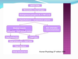 Human Physiology 5th edition 1990
INFECTION
Monocytes, macrophages
Hypothalamus: ↑ temperature setpoint
Skeletal muscle Skin arterioles
↑ vasoconstriction
↑ heat production ↓ heat loss
Heat production > Heat loss
Heat retention
↑ Body temperature
Endogenous pyrogens (IL-1,TNF, IL-6)
shivering Curl up/add clothes
 