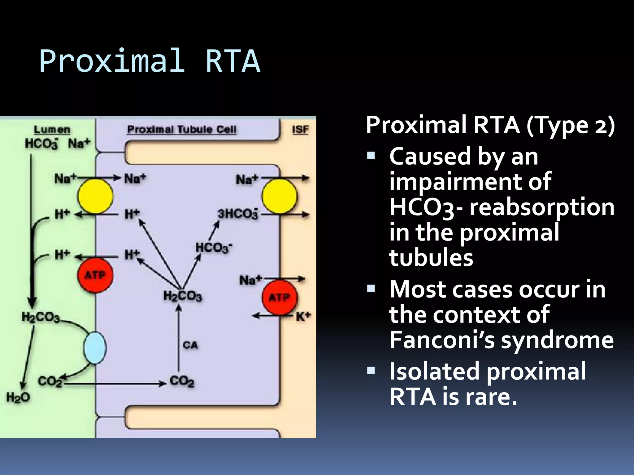 Proximal RTA
Proximal RTA (Type 2)
 Caused by an
impairment of
HCO3- reabsorption
in the proximal
tubules
 Most cases occur in
the context of
Fanconi’s syndrome
 Isolated proximal
RTA is rare.
 