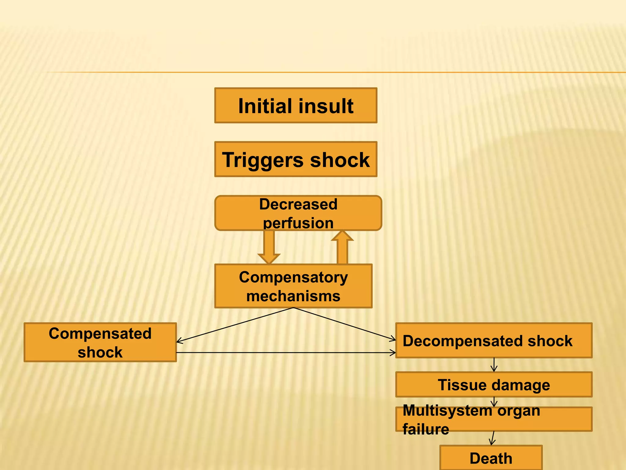 Initial insult 
Triggers shock 
Decreased 
perfusion 
Compensatory 
mechanisms 
Compensated 
shock 
Decompensated shock 
Tissue damage 
Multisystem organ 
failure 
Death 
 