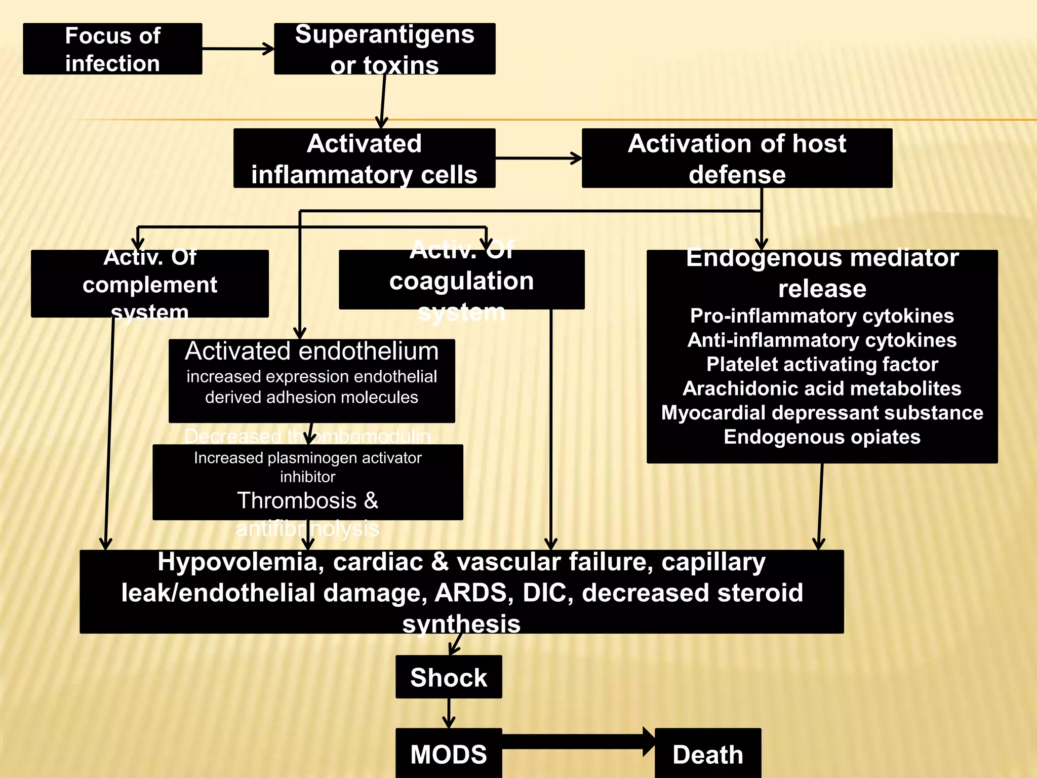 Focus of 
infection 
Superantigens 
or toxins 
Activated 
inflammatory cells 
Activation of host 
defense 
Activ. Of 
complement 
system 
Activ. Of 
coagulation 
system 
Endogenous mediator 
release 
Pro-inflammatory cytokines 
Anti-inflammatory cytokines 
Platelet activating factor 
Arachidonic acid metabolites 
Myocardial depressant substance 
Endogenous opiates 
Activated endothelium 
increased expression endothelial 
derived adhesion molecules 
Decreased thrombomodulin 
Increased plasminogen activator 
inhibitor 
Thrombosis & 
antifibrinolysis 
Hypovolemia, cardiac & vascular failure, capillary 
leak/endothelial damage, ARDS, DIC, decreased steroid 
synthesis 
Shock 
MODS Death 
 