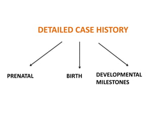 DETAILED CASE HISTORY
PRENATAL BIRTH DEVELOPMENTAL
MILESTONES
 