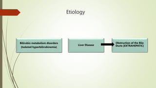 Etiology
Bilirubin metabolism disorders
(Isolated hyperbilirubinemia)
Liver Disease
Obstruction of the Bile
Ducts [EXTRAHEPATIC]
 