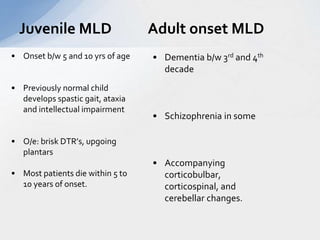 Juvenile MLD Adult onset MLD
• Onset b/w 5 and 10 yrs of age
• Previously normal child
develops spastic gait, ataxia
and intellectual impairment
• O/e: brisk DTR’s, upgoing
plantars
• Most patients die within 5 to
10 years of onset.
• Dementia b/w 3rd and 4th
decade
• Schizophrenia in some
• Accompanying
corticobulbar,
corticospinal, and
cerebellar changes.
 