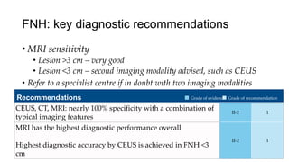 FNH: key diagnostic recommendations
• MRI sensitivity
• Lesion >3 cm – very good
• Lesion <3 cm – second imaging modality advised, such as CEUS
• Refer to a specialist centre if in doubt with two imaging modalities
Recommendations
CEUS, CT, MRI: nearly 100% specificity with a combination of
typical imaging features
II-2 1
MRI has the highest diagnostic performance overall
Highest diagnostic accuracy by CEUS is achieved in FNH <3
cm
II-2 1
Grade of evidence Grade of recommendation
 