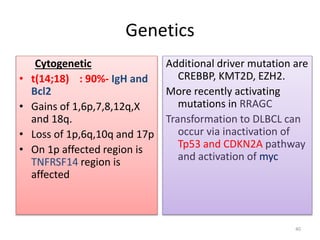 Genetics
Cytogenetic
• t(14;18) : 90%- IgH and
Bcl2
• Gains of 1,6p,7,8,12q,X
and 18q.
• Loss of 1p,6q,10q and 17p
• On 1p affected region is
TNFRSF14 region is
affected
Additional driver mutation are
CREBBP, KMT2D, EZH2.
More recently activating
mutations in RRAGC
Transformation to DLBCL can
occur via inactivation of
Tp53 and CDKN2A pathway
and activation of myc
40
 