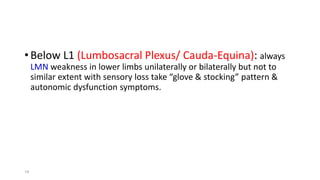•Below L1 (Lumbosacral Plexus/ Cauda-Equina): always
LMN weakness in lower limbs unilaterally or bilaterally but not to
similar extent with sensory loss take “glove & stocking” pattern &
autonomic dysfunction symptoms.
14
 