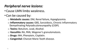 Peripheral nerve lesions:
•Cause LMN limbs weakness.
•Can be caused by:
o Metabolic causes: DM, Renal failure, Hypoglycemia.
o Inflammatory causes: GBS, Sarcoidosis, Chronic Inflammatory
Demyelinating Polyradiculoneuropathy (CIDP).
o Toxins: Botulism, Lead, Alcohol.
o Vasculitis: RA, PAN, Wegener’s granulomatosis.
o Drugs: INH, Phenytoin, Cisplatin.
o Congenital: Charcot Marie Tooth disease.
18
 