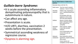 Guillain-barre Syndrome:
•It is acute ascending inflammatory
demyelinating polyneuropathy that is
autoimmune in nature.
•Can affect any age.
•Presentation is acute.
•H/O URTI, diarrhea, vaccination 2
weeks before the presentation.
•Symmetrical ascending weakness of
regressive course.
•Dyspnea is alarming sign.
19
 