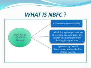 WHAT IS NBFC ?A Financial institute is NBFCAs per Sec 45 1(f) of RBI Act,1934….which has a principal business of receiving deposits under any scheme or an arrangement or lending in any mannerApproved by Central Government and notified by Official Gazette.2