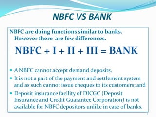 NBFC VS BANKNBFC are doing functions similar to banks. However there  are few differences.NBFC + I + II + III = BANKA NBFC cannot accept demand deposits.It is not a part of the payment and settlement system and as such cannot issue cheques to its customers; and Deposit insurance facility of DICGC (Deposit Insurance and Credit Guarantee Corporation) is not available for NBFC depositors unlike in case of banks. 3