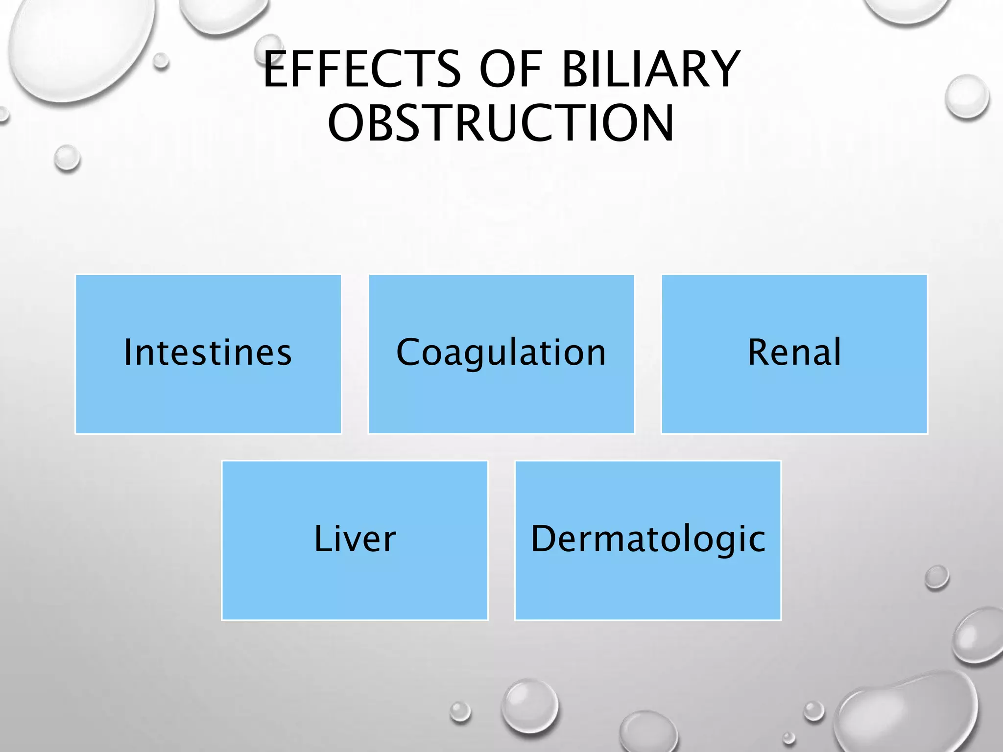 EFFECTS OF BILIARY
OBSTRUCTION
Intestines Coagulation Renal
Liver Dermatologic
 