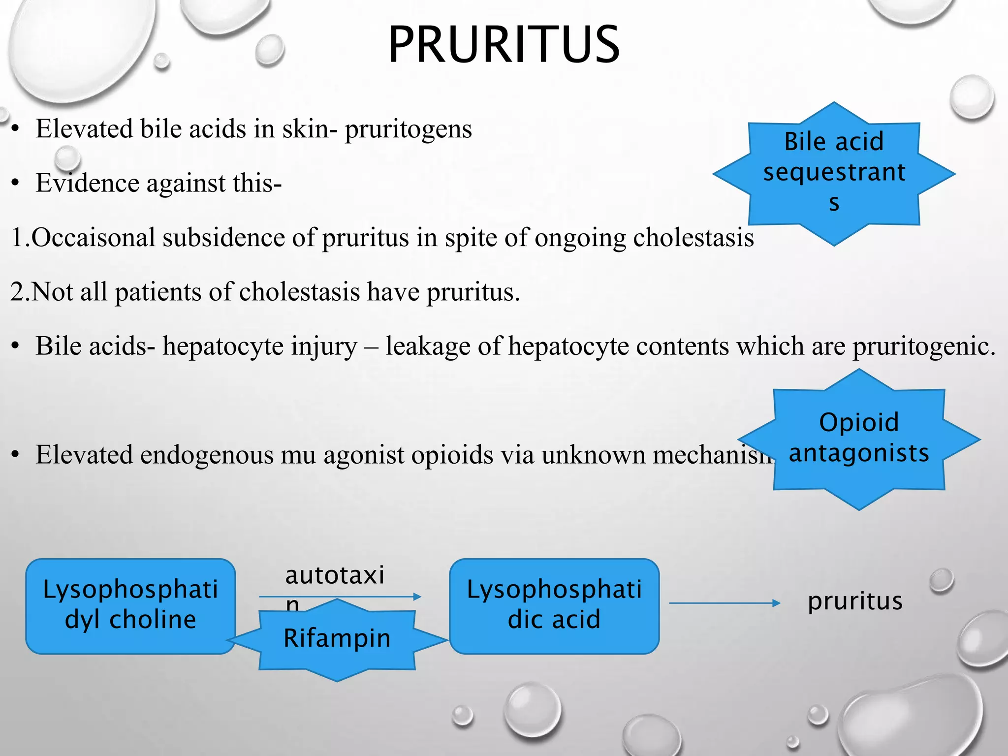 PRURITUS
• Elevated bile acids in skin- pruritogens
• Evidence against this-
1.Occaisonal subsidence of pruritus in spite of ongoing cholestasis
2.Not all patients of cholestasis have pruritus.
• Bile acids- hepatocyte injury – leakage of hepatocyte contents which are pruritogenic.
• Elevated endogenous mu agonist opioids via unknown mechanism in CLD.
Lysophosphati
dyl choline
Lysophosphati
dic acid
autotaxi
n pruritus
Bile acid
sequestrant
s
Opioid
antagonists
Rifampin
 