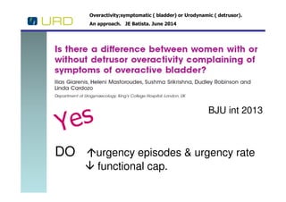 Overactivity;symptomatic ( bladder) or Urodynamic ( detrusor).
An approach. JE Batista. June 2014
DO urgency episodes & urgency rate
functional cap.
BJU int 2013
 