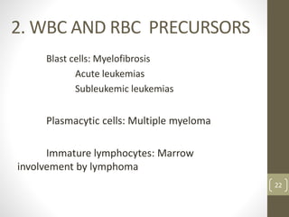 2. WBC AND RBC PRECURSORS
Blast cells: Myelofibrosis
Acute leukemias
Subleukemic leukemias
Plasmacytic cells: Multiple myeloma
Immature lymphocytes: Marrow
involvement by lymphoma
22
 