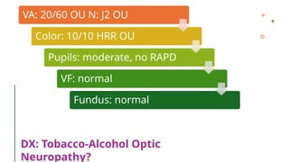 DX: Tobacco-Alcohol Optic
Neuropathy?
VA: 20/60 OU N: J2 OU
Color: 10/10 HRR OU
Pupils: moderate, no RAPD
VF: normal
Fundus: normal
 